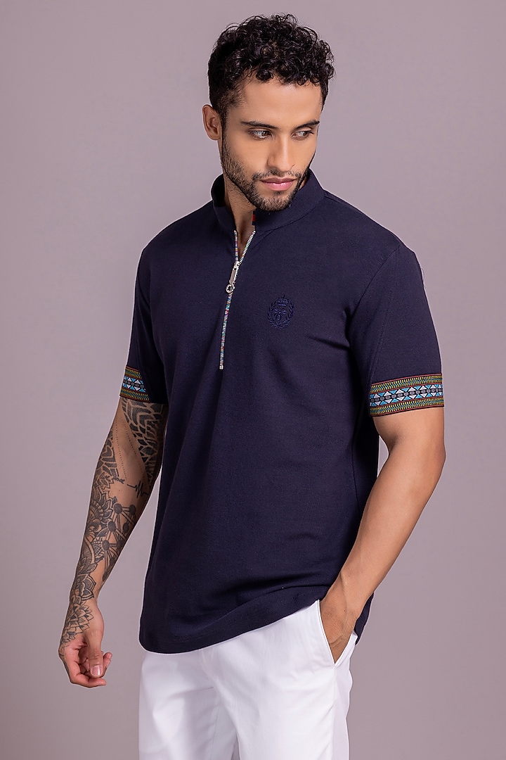 Navy Blue Knit T-Shirt by AMIT ARORA at Pernia's Pop Up Shop