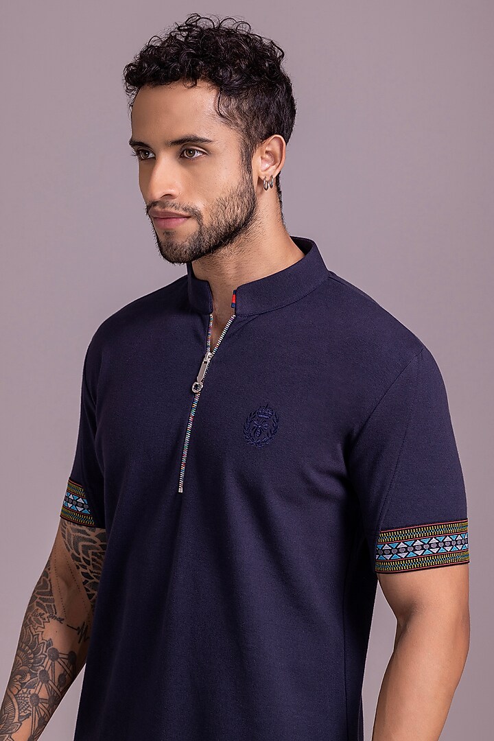 Navy Blue Knit T-Shirt by AMIT ARORA at Pernia's Pop Up Shop
