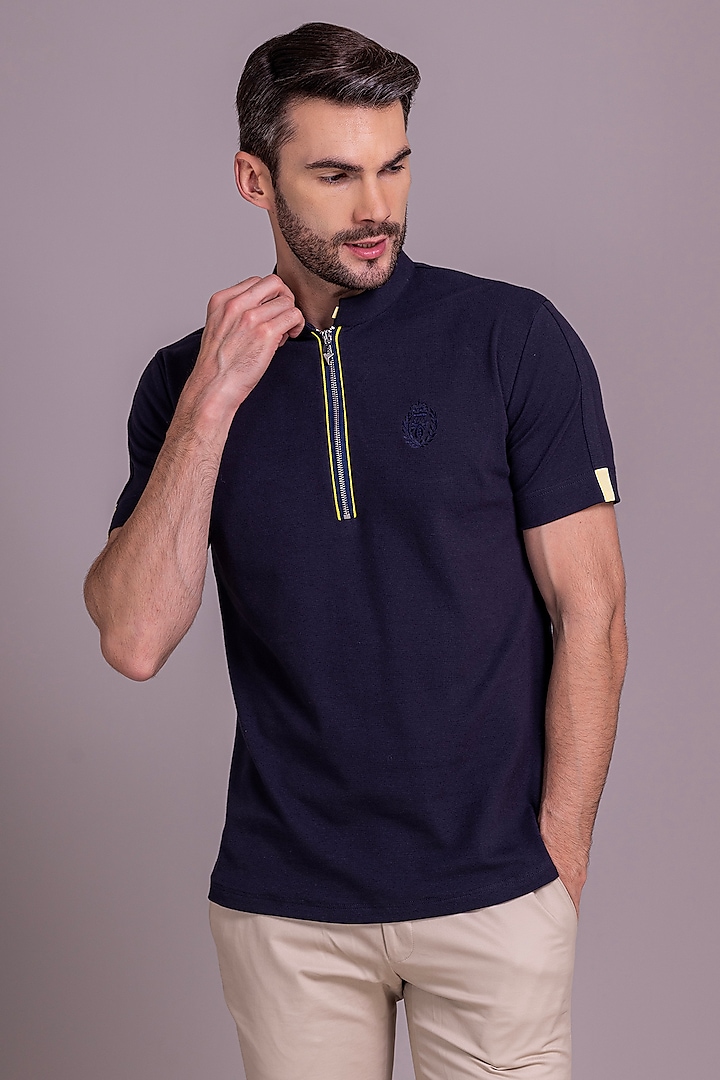 Navy Blue Knit T-Shirt by AMIT ARORA