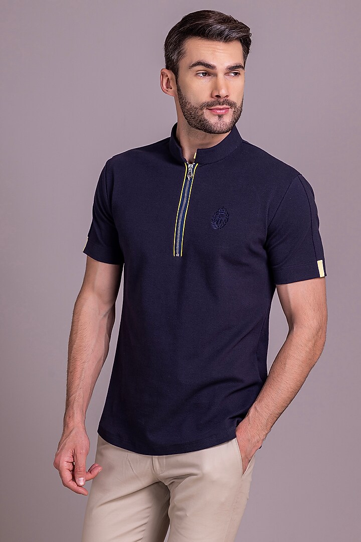 Navy Blue Knit T-Shirt by AMIT ARORA at Pernia's Pop Up Shop
