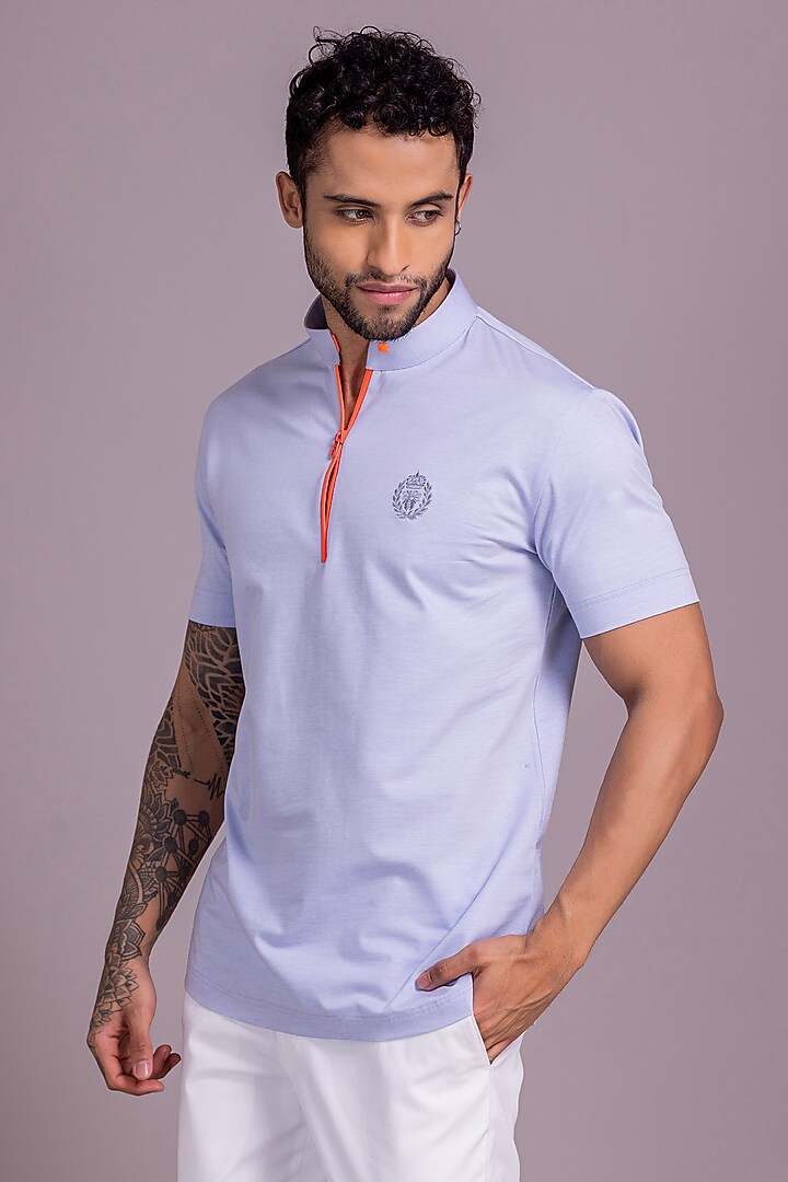 Powder Blue Knit T-Shirt by AMIT ARORA at Pernia's Pop Up Shop