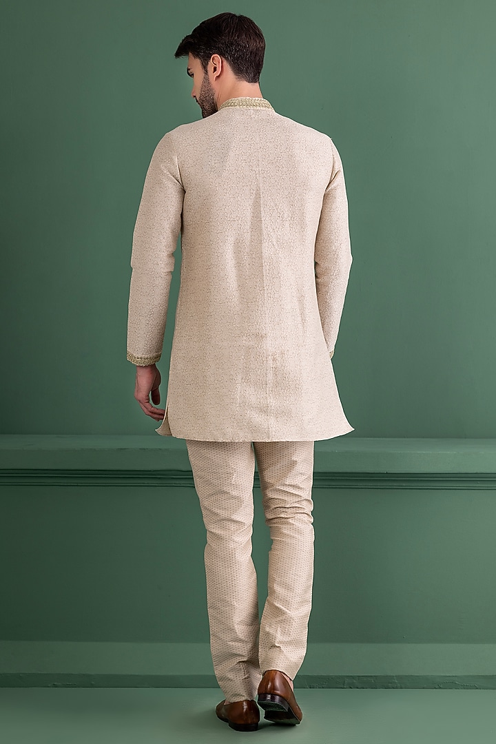 Fawn Silk Jacquard Embroidered Wedding Indowestern Set by AMIT ARORA at Pernia's Pop Up Shop