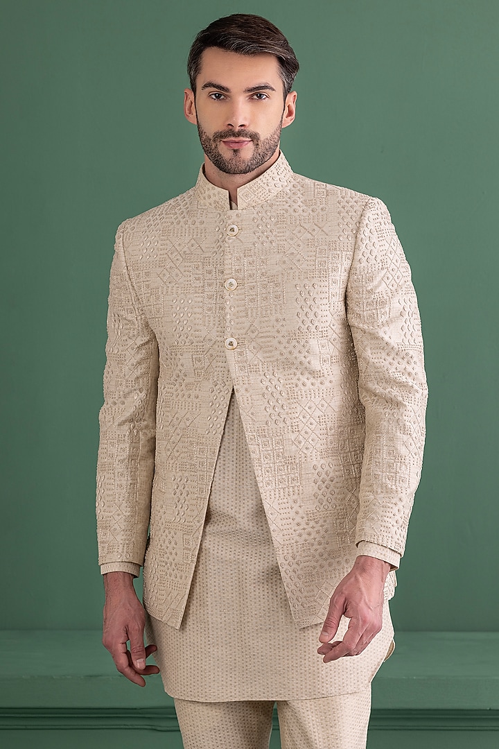Fawn Silk Jacquard Embroidered Wedding Indowestern Set by AMIT ARORA at Pernia's Pop Up Shop