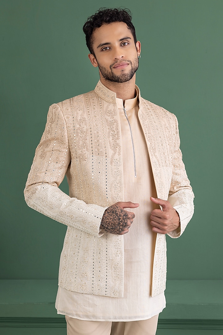 Beige Silk Chanderi Mirror Work Wedding Indowestern Set by AMIT ARORA at Pernia's Pop Up Shop