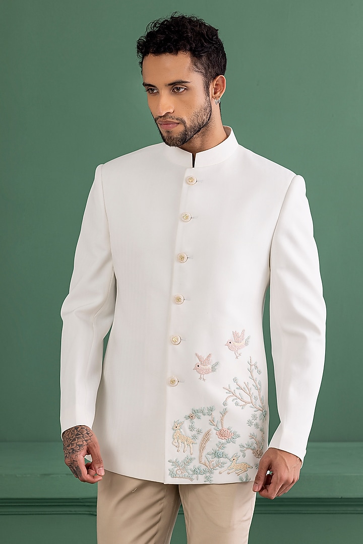 Ivory Knit Embroidered Wedding Bandhgala Set by AMIT ARORA at Pernia's Pop Up Shop