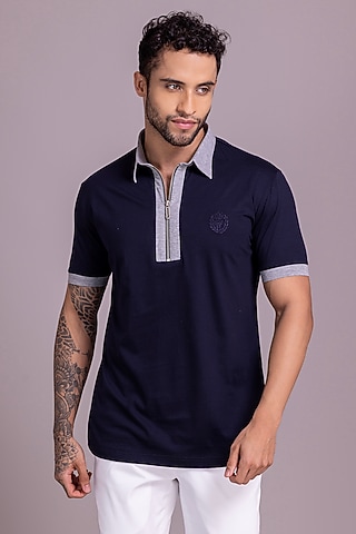 Navy Blue Knit T-Shirt by AMIT ARORA
