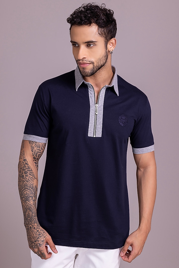 Navy Blue Knit T-Shirt by AMIT ARORA at Pernia's Pop Up Shop