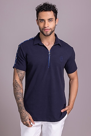 Navy Blue Knit T-Shirt by AMIT ARORA