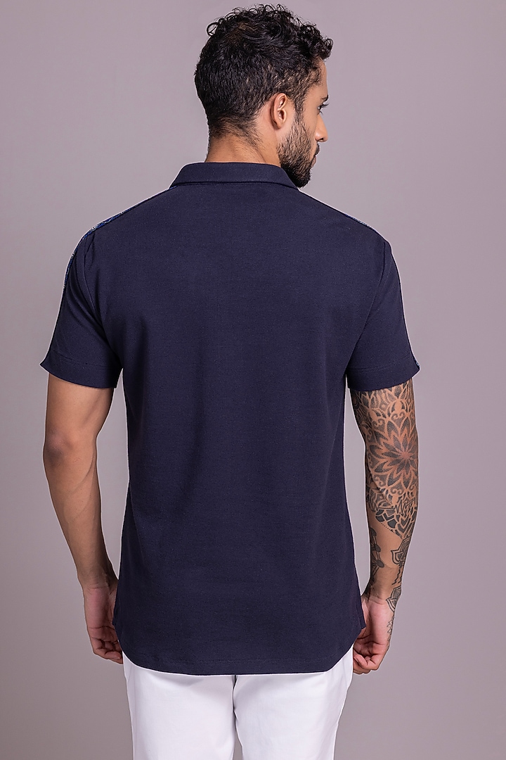Navy Blue Knit T-Shirt by AMIT ARORA at Pernia's Pop Up Shop