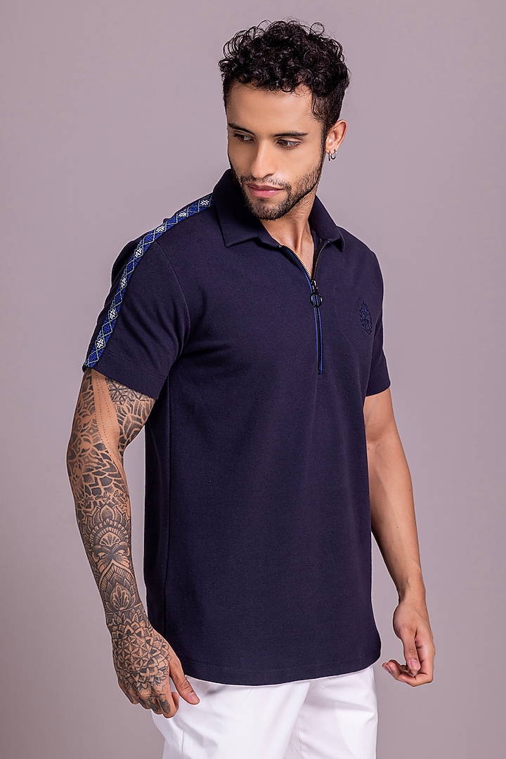 Navy Blue Knit T-Shirt by AMIT ARORA at Pernia's Pop Up Shop
