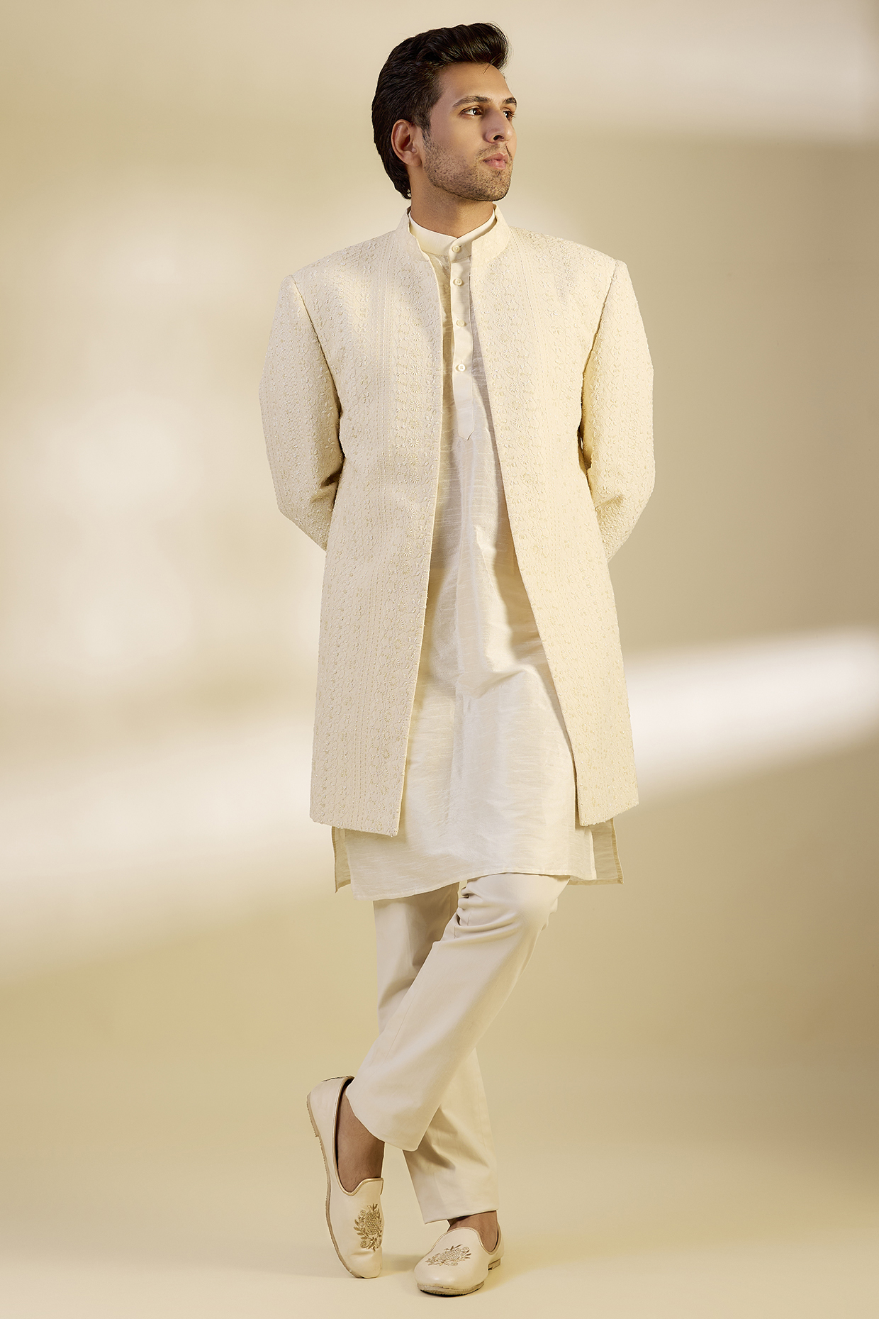 Cream Crochet Hand Embroidered Indowestern Set by AMIT ARORA
