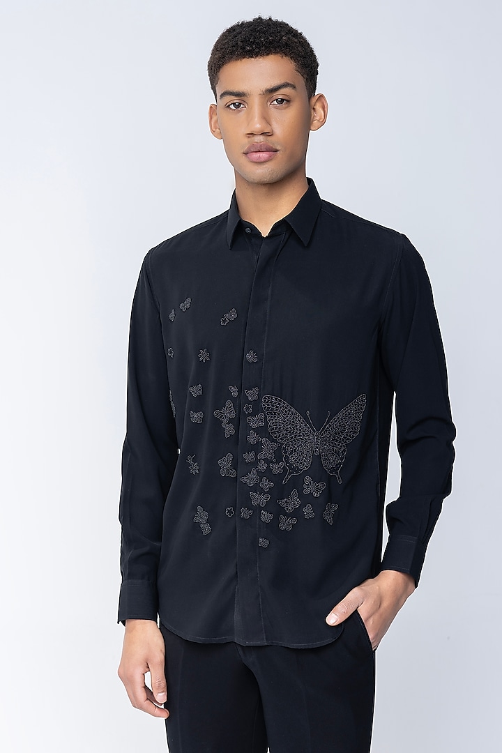 Black Polynosic Hand Embroidered Party  start Shirt by AMIT ARORA at Pernia's Pop Up Shop