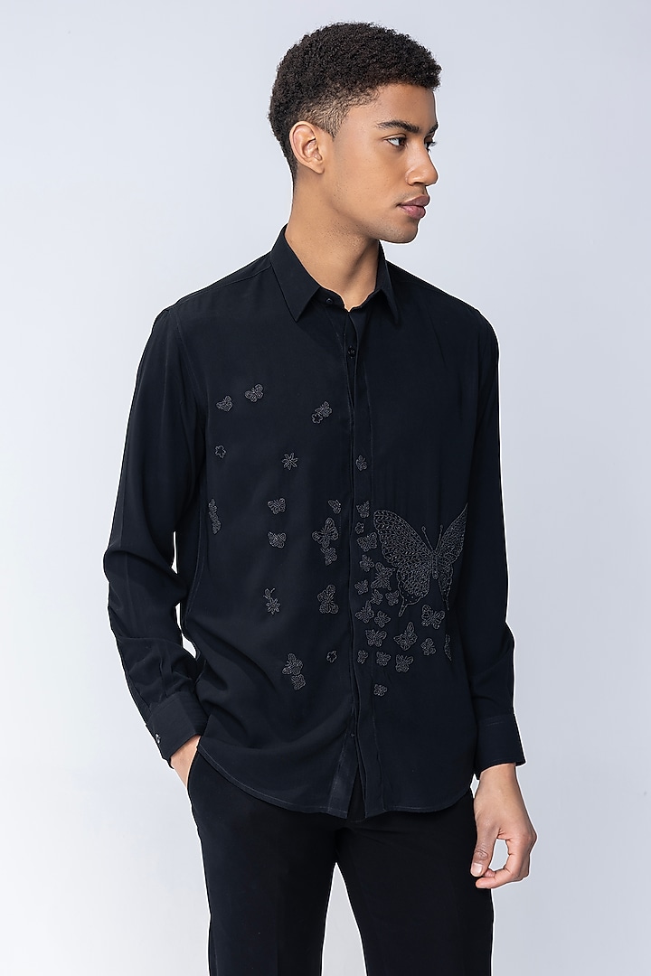 Black Polynosic Hand Embroidered Party Wear Shirt by AMIT ARORA at Pernia's Pop Up Shop