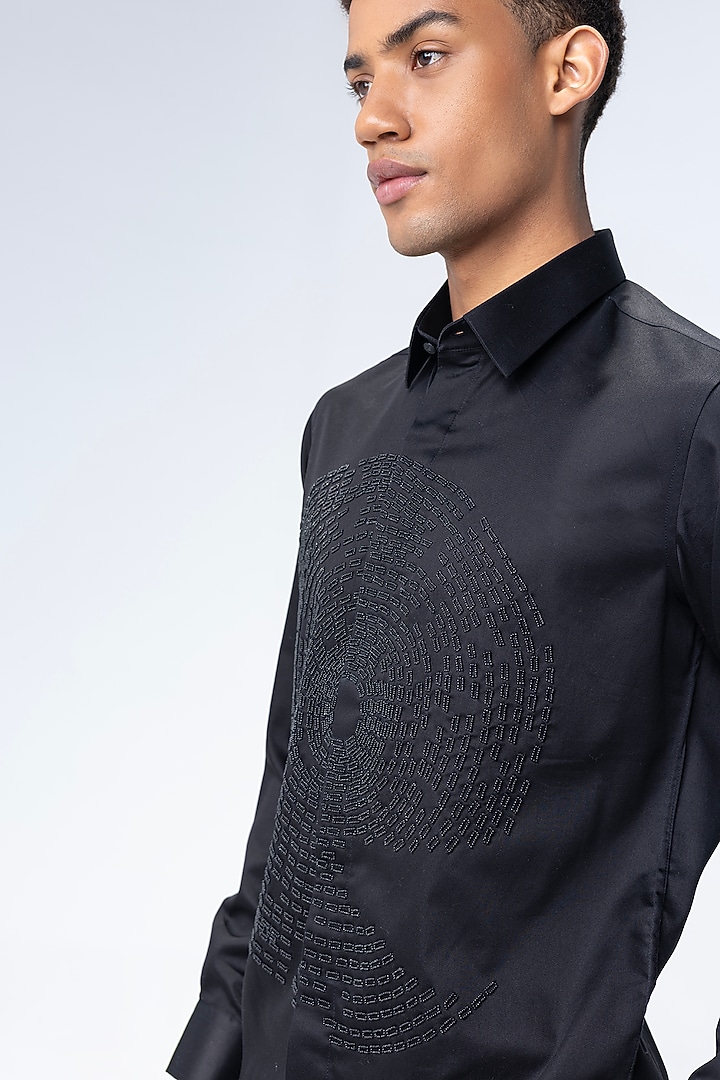 Black Cotton Lycra Hand Embroidered Party Wear Shirt by AMIT ARORA at Pernia's Pop Up Shop