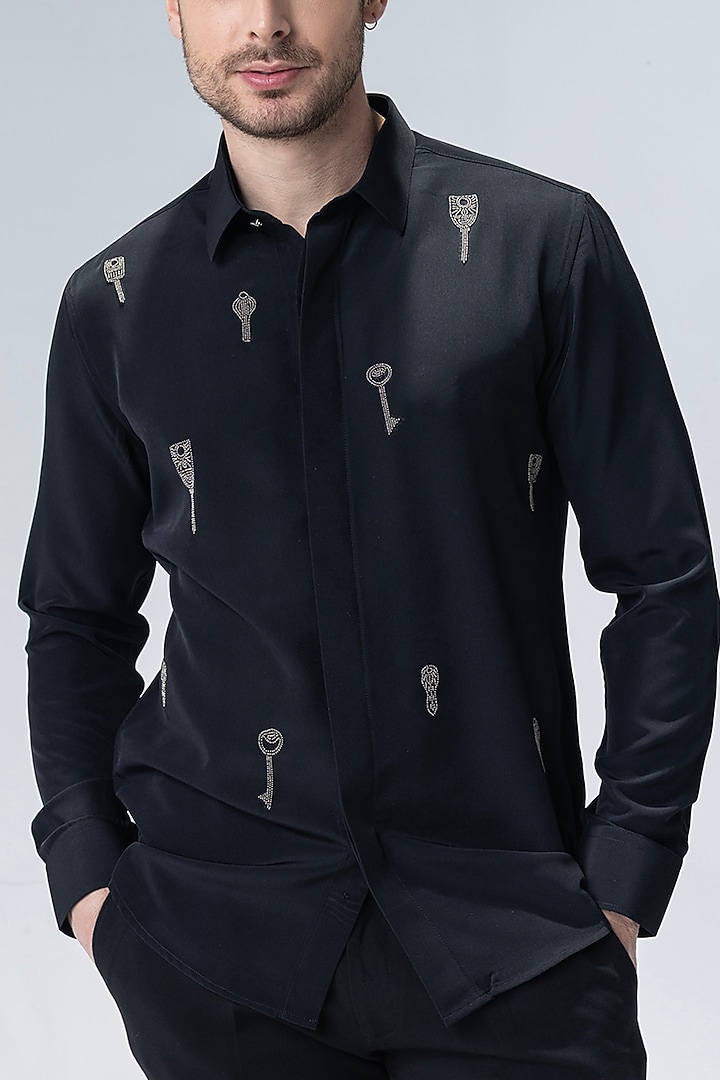 Black Polynosic Hand Embroidered Party Wear Shirt by AMIT ARORA at Pernia's Pop Up Shop