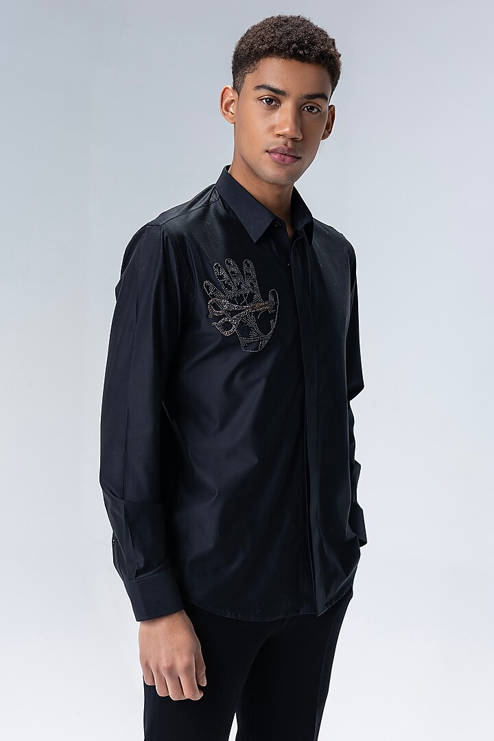 Black Knit Hand Embroidered Party Wear Shirt by AMIT ARORA at Pernia's Pop Up Shop