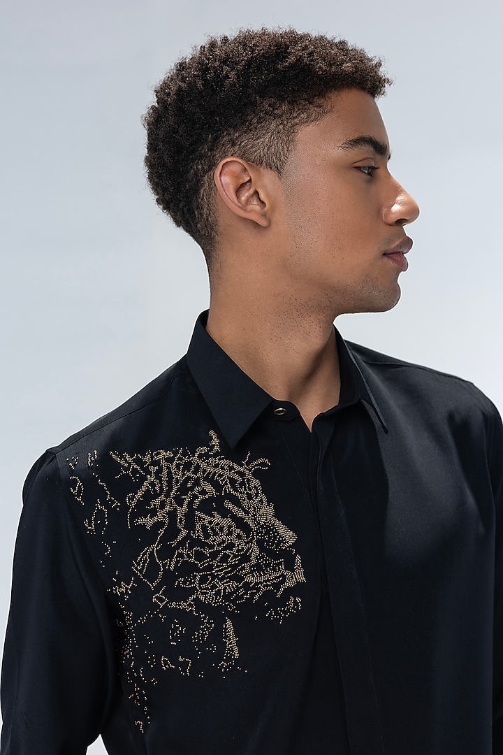 Black Polynosic Hand Embroidered Party Wear Shirt by AMIT ARORA at Pernia's Pop Up Shop