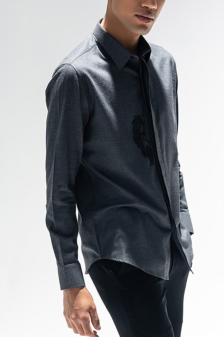Dark Grey Knit Hand Embroidered Party Wear Shirt by AMIT ARORA at Pernia's Pop Up Shop