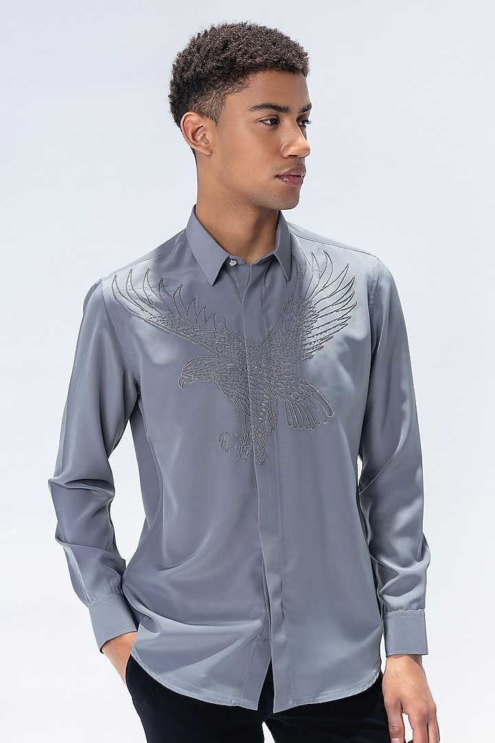 Grey Polynosic Motif Embroidered Party Wear Shirt by AMIT ARORA at Pernia's Pop Up Shop