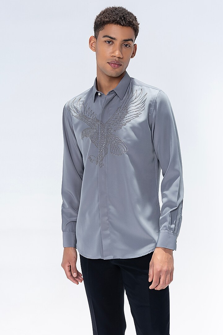 Grey Polynosic Motif Embroidered Party Wear Shirt by AMIT ARORA at Pernia's Pop Up Shop
