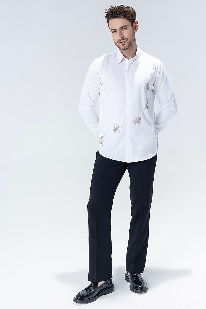 White Cotton Lycra Hand Embroidered Party Wear Shirt by AMIT ARORA at Pernia's Pop Up Shop
