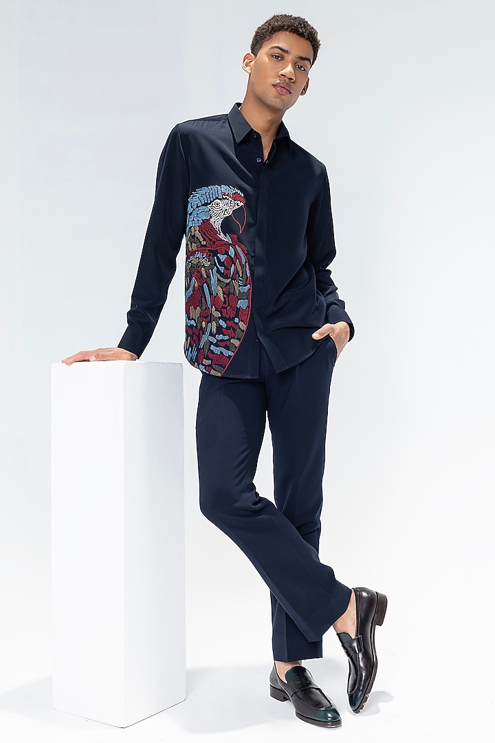 Navy Blue Polynosic Motif Embroidered Party Wear Shirt by AMIT ARORA at Pernia's Pop Up Shop
