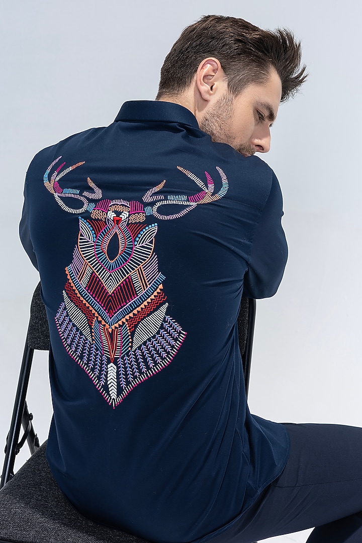 Navy Blue Knit Motif Embroidered Party Wear Shirt by AMIT ARORA at Pernia's Pop Up Shop