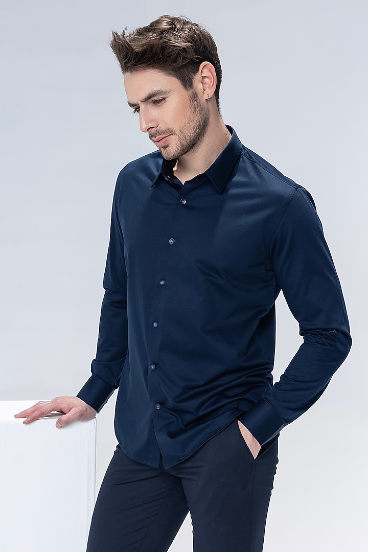 Navy Blue Knit Motif Embroidered Party Wear Shirt by AMIT ARORA at Pernia's Pop Up Shop