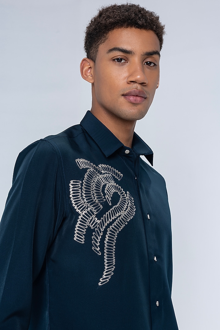 Dark Turquoise Polynosic Embellished Party Wear Shirt by AMIT ARORA at Pernia's Pop Up Shop