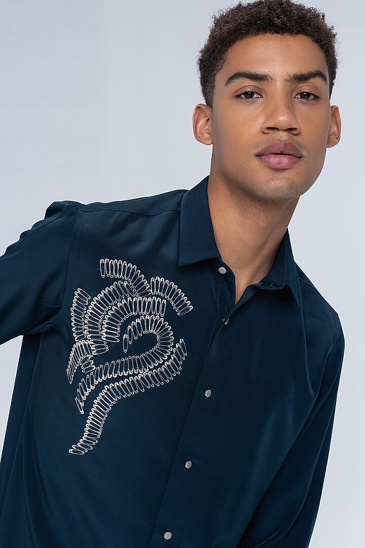 Dark Turquoise Polynosic Embellished Party Wear Shirt by AMIT ARORA at Pernia's Pop Up Shop