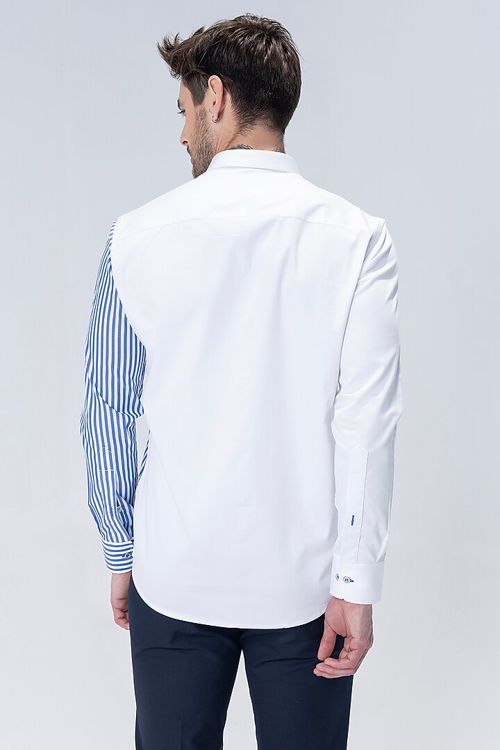 White & Blue Cotton Lycra Motif Embroidered Party Wear Shirt by AMIT ARORA at Pernia's Pop Up Shop