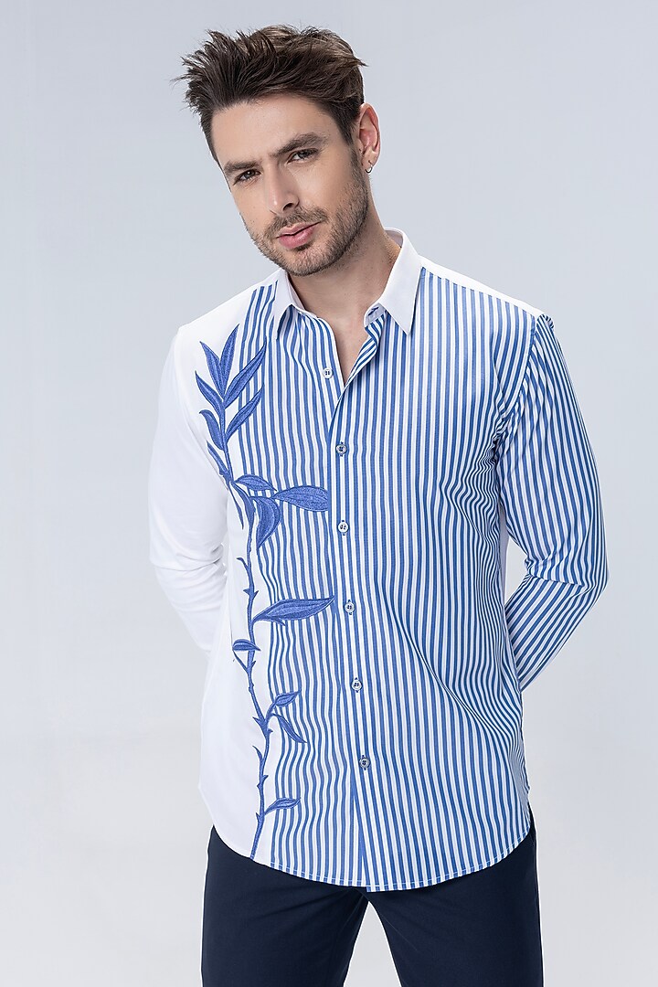 White & Blue Cotton Lycra Motif Embroidered Party Wear Shirt by AMIT ARORA at Pernia's Pop Up Shop
