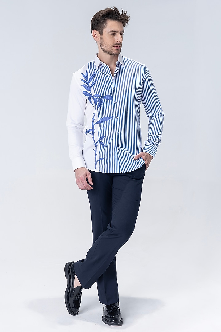 White & Blue Cotton Lycra Motif Embroidered Party Wear Shirt by AMIT ARORA at Pernia's Pop Up Shop