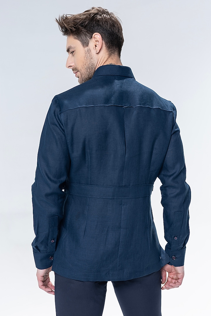 Navy Blue Linen Party Wear Shirt by AMIT ARORA at Pernia's Pop Up Shop