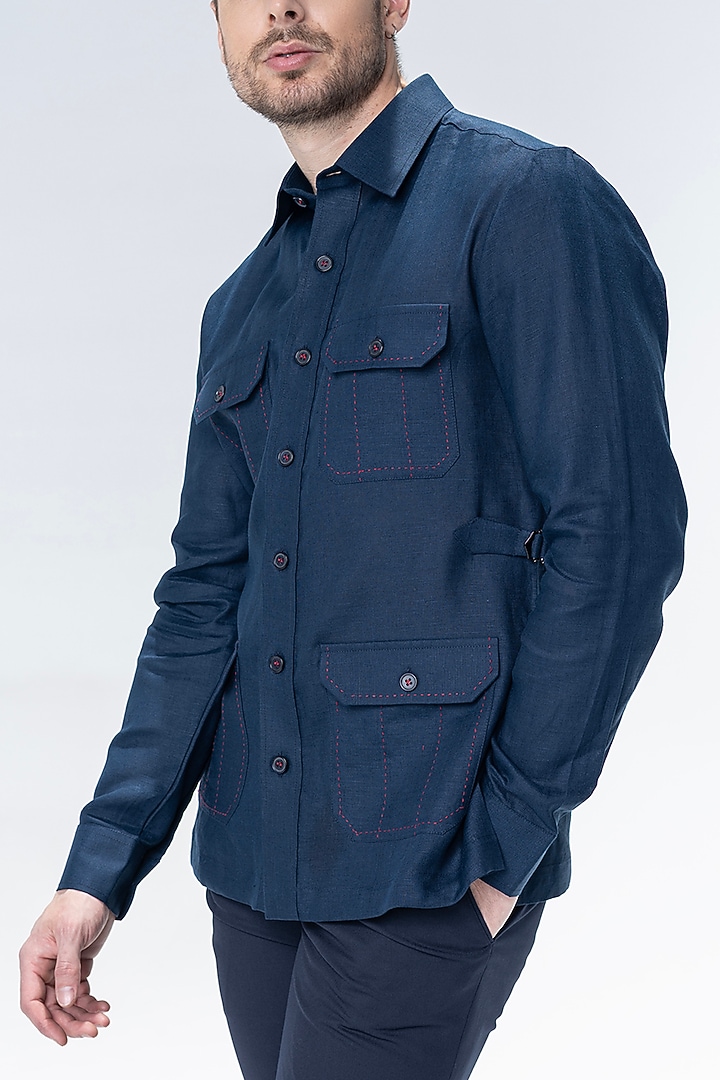 Navy Blue Linen Party Wear Shirt by AMIT ARORA at Pernia's Pop Up Shop