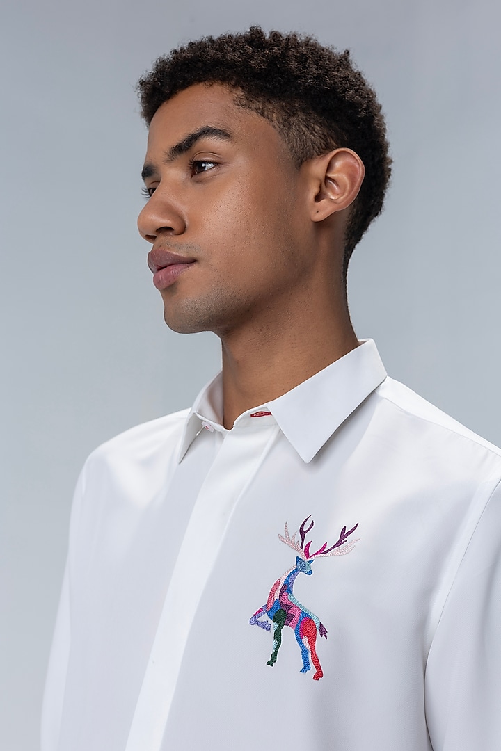 White Polynosic Motif Embroidered Party Wear Shirt by AMIT ARORA at Pernia's Pop Up Shop