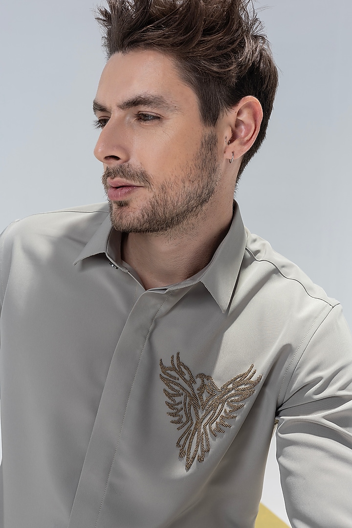 Fawn Polynosic Motif Hand Embroidered Party Wear Shirt by AMIT ARORA at Pernia's Pop Up Shop