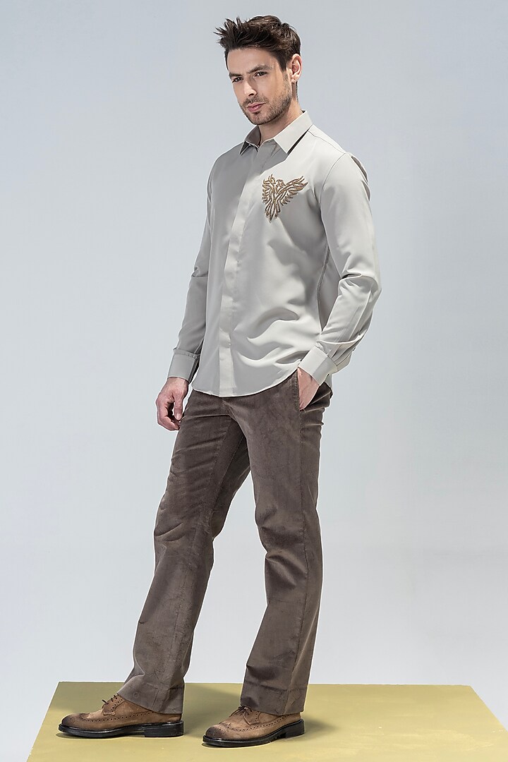 Fawn Polynosic Motif Hand Embroidered Party Wear Shirt by AMIT ARORA at Pernia's Pop Up Shop