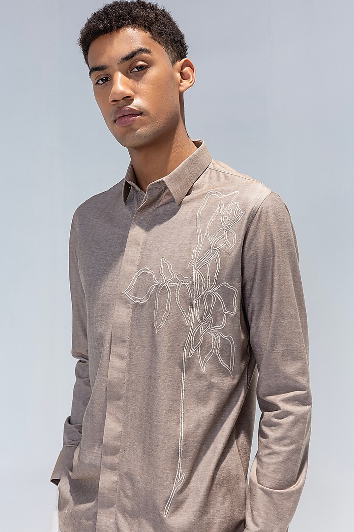 Beige Knit Hand Embroidered Party Wear Shirt by AMIT ARORA at Pernia's Pop Up Shop