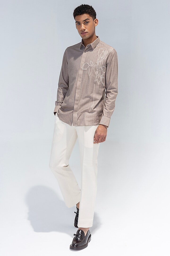 Beige Knit Hand Embroidered Party Wear Shirt by AMIT ARORA at Pernia's Pop Up Shop