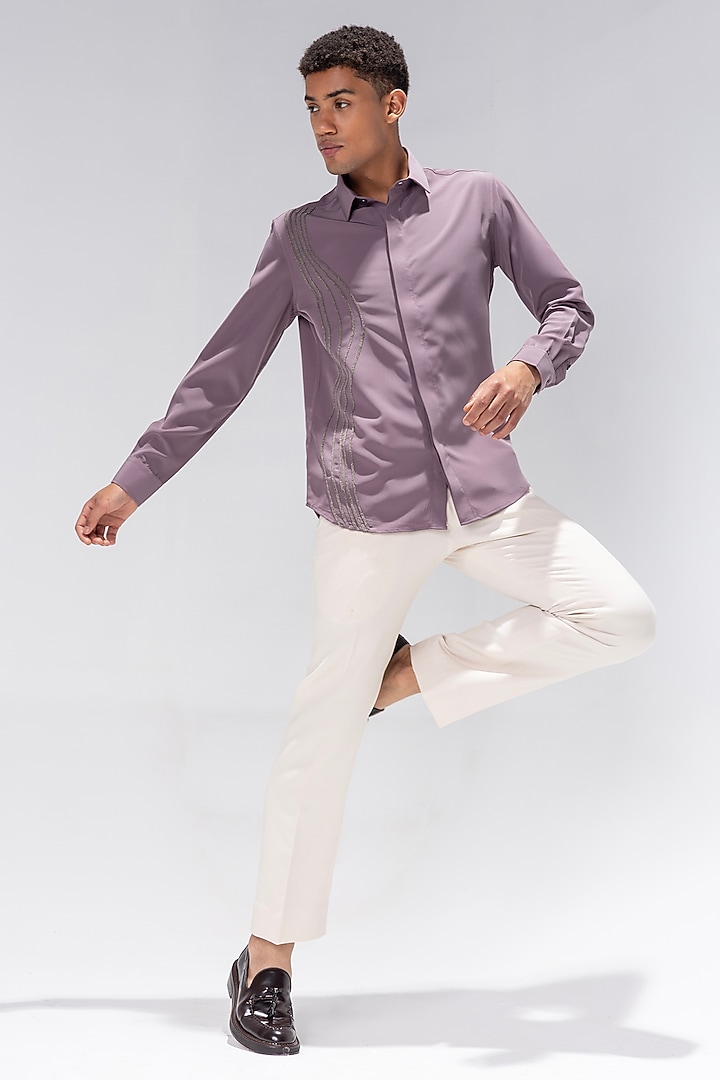 Dark Lilac Polynosic Hand Embroidered Party Wear Shirt by AMIT ARORA at Pernia's Pop Up Shop
