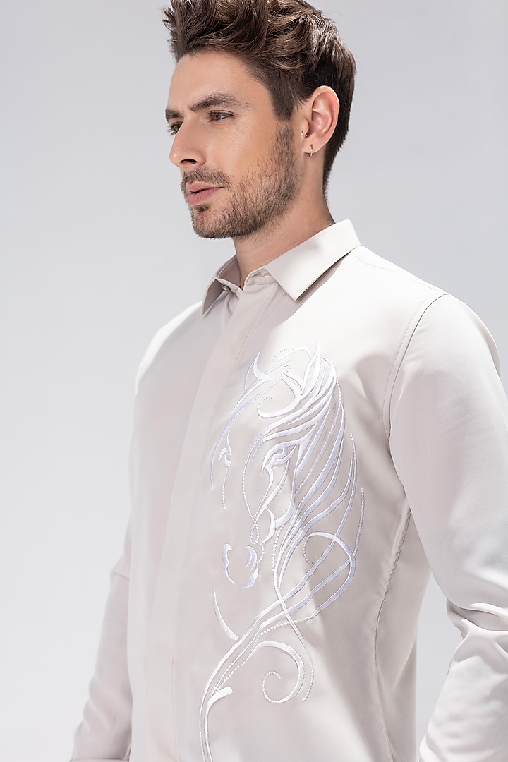 Cream Polynosic motif Embroidered Party Wear Shirt by AMIT ARORA at Pernia's Pop Up Shop