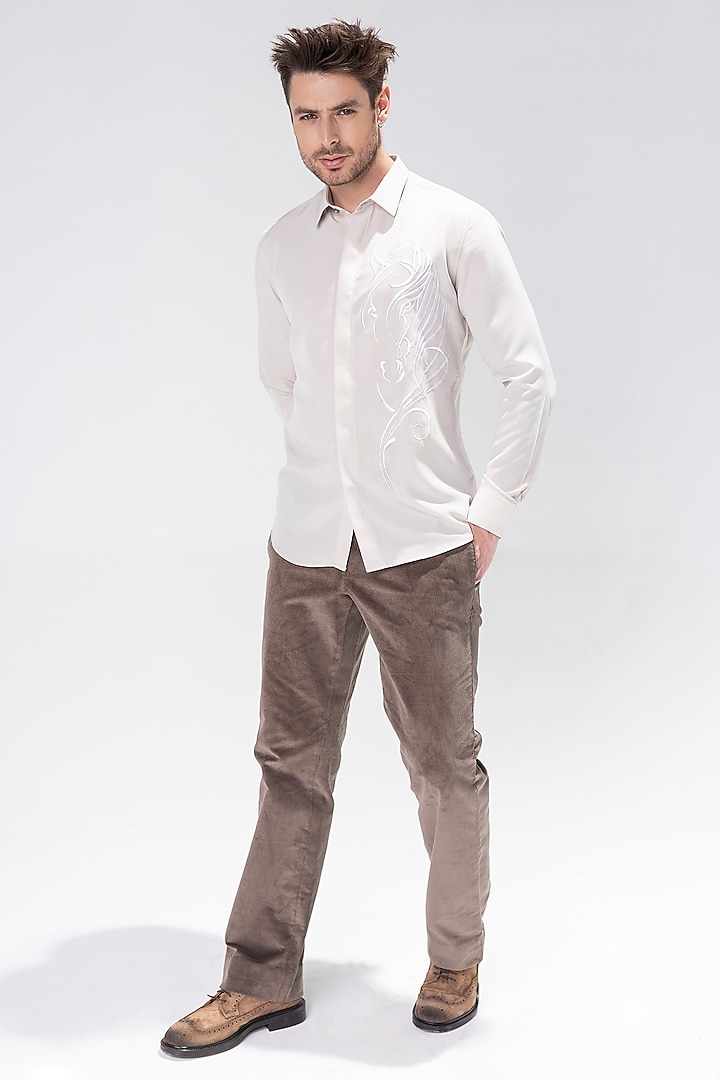 Cream Polynosic motif Embroidered Party Wear Shirt by AMIT ARORA at Pernia's Pop Up Shop