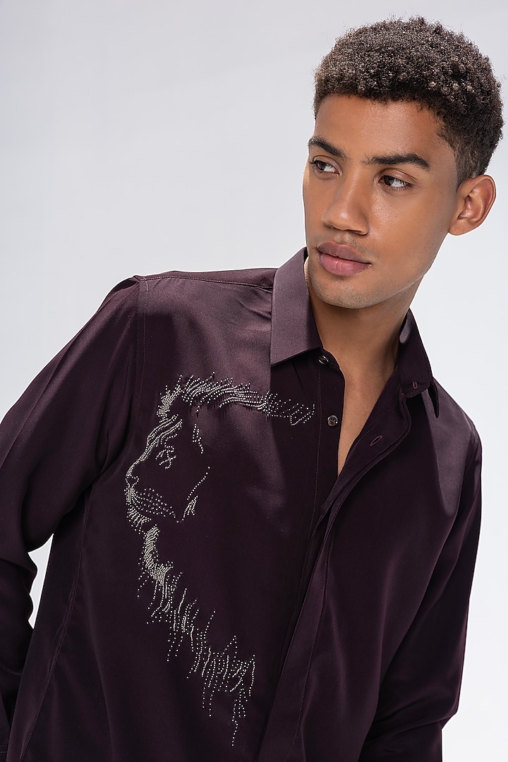 Wine Polynosic Hand Embroidered Party Wear Shirt by AMIT ARORA at Pernia's Pop Up Shop