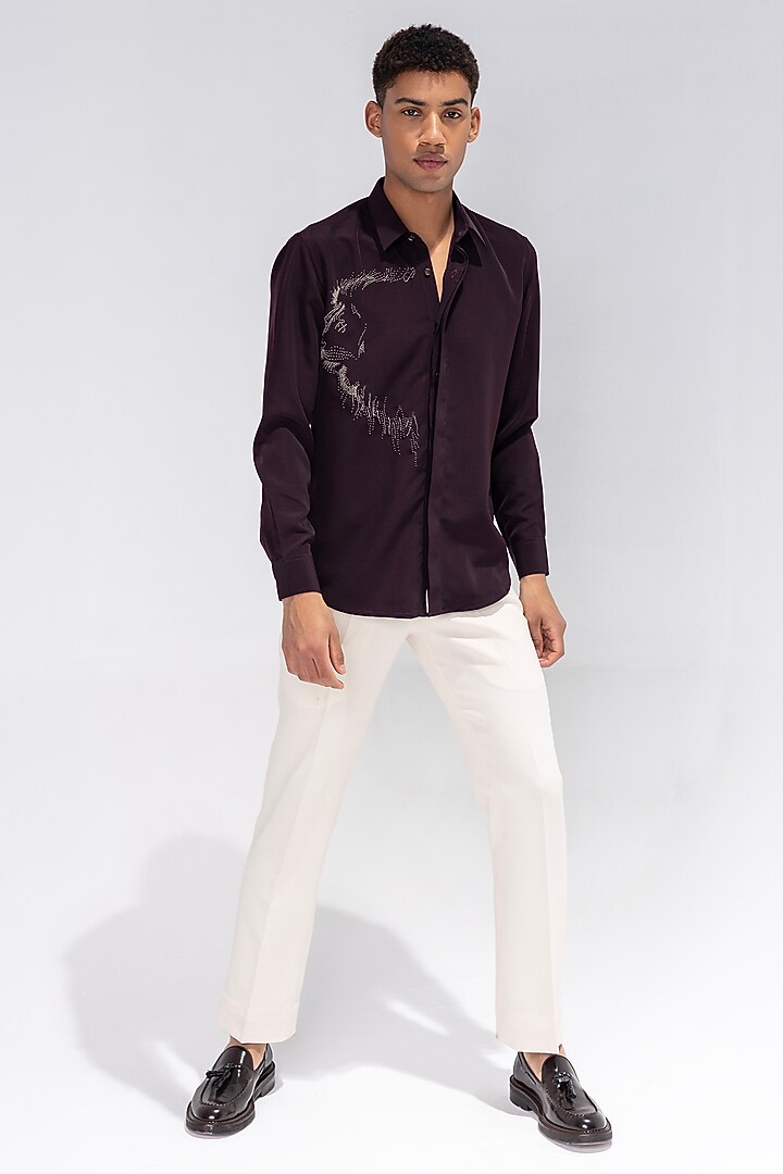Wine Polynosic Hand Embroidered Party Wear Shirt by AMIT ARORA at Pernia's Pop Up Shop