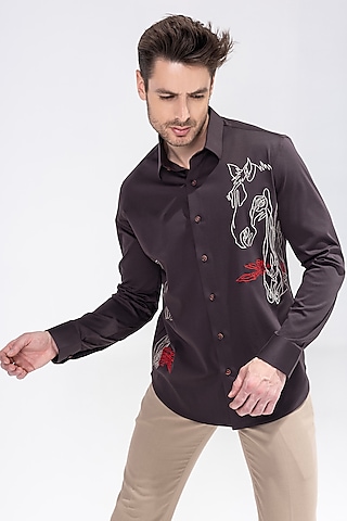 Brown Knit Motif Embroidered Shirt by AMIT ARORA