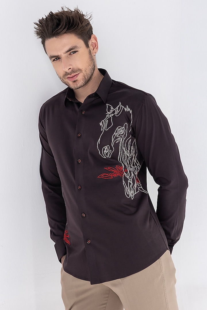 Brown Knit Motif Embroidered Party Wear Shirt by AMIT ARORA at Pernia's Pop Up Shop