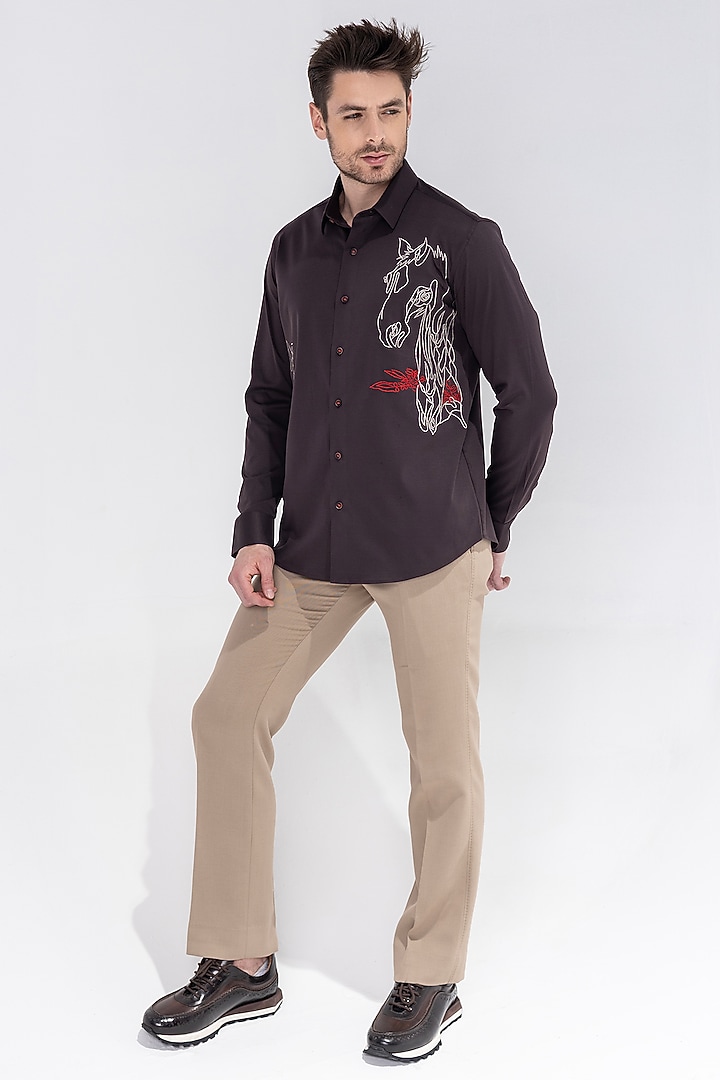 Brown Knit Motif Embroidered Party Wear Shirt by AMIT ARORA at Pernia's Pop Up Shop
