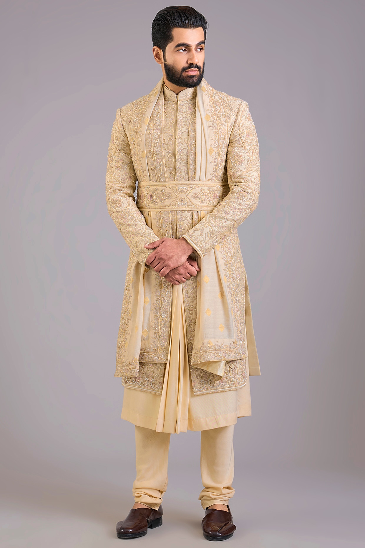 AMIT ARORA Beige Silk Sherwani Set