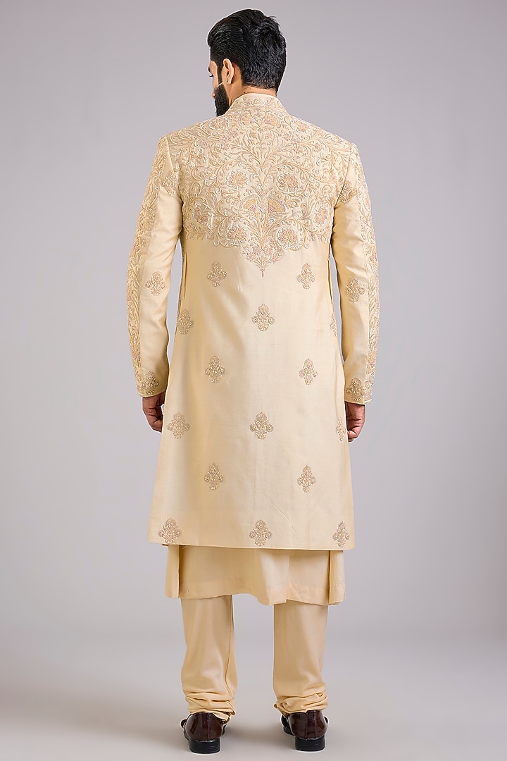 Beige Silk Groom Sherwani Set by AMIT ARORA at Pernia's Pop Up Shop